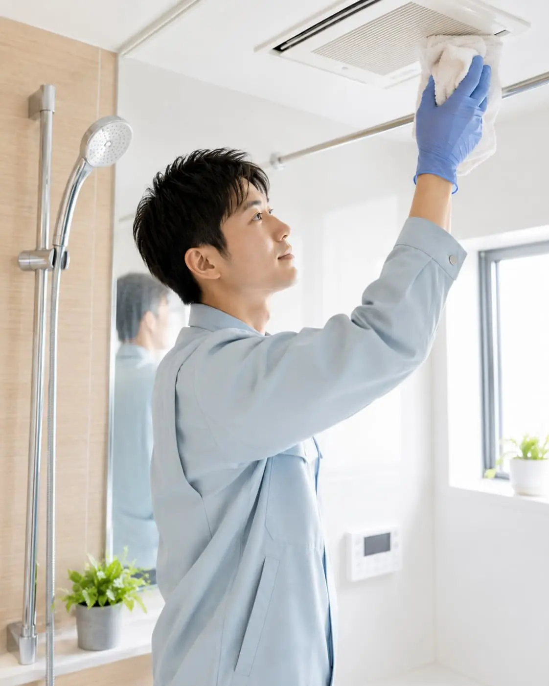 浴室の換気扇を清掃するスタッフ